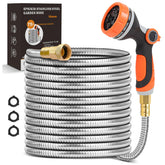 Sprikir metal garden hose 75ft coiled for easy storage and flexible reach.