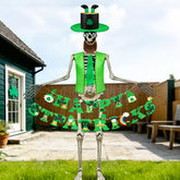 SprintGy 12ft skeleton wearing a 3D leprechaun hat with gold crown for festive outdoor display