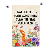 SRWNFOS garden flag front view with Save The Bees and Plant Some Trees for outdoor decor