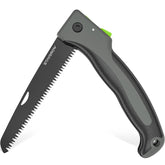 STAYGROW 7-Inch folding pruning saw blade close-up emphasizes sharp edge for clean wood cuts.