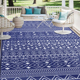 StepLively outdoor rug in blue with reversible design enhances patio seating and style