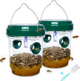 Stingmon wasp trap outdoor hanging with solar panel providing daylight charging for garden protection.