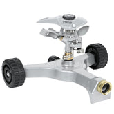 STYDDI metal pulsating sprinkler with wheeled base, side view for stable, mobile irrigation.