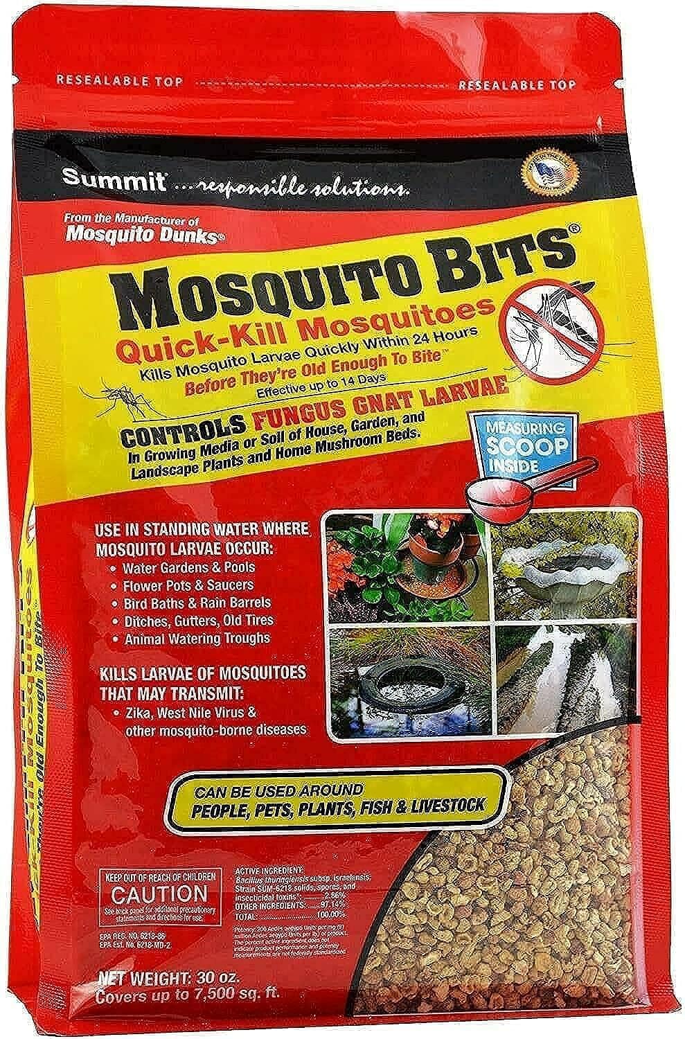 Summit Mosquito Bits granules coated with Bti kill larvae in standing water.