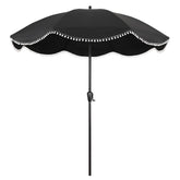 Sun-Ray 9ft umbrella with black canopy and white fringe shading outdoor spaces.