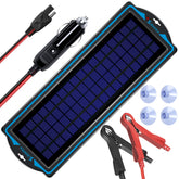 SUNAPEX 12V solar panel maintains car batteries during storage with a compact portable design.