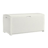 Suncast 99-gallon deck box front view showing spacious outdoor storage