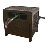 Suncast hose hideaway exterior with wicker Java finish keeps hoses neatly stored outdoors