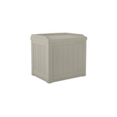Suncast 22-gallon outdoor storage box with cushions stored inside.