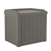 Suncast 22-gallon stone gray outdoor storage box with open lid for easy access