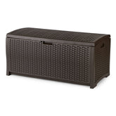 Suncast outdoor storage box with mocha brown wicker finish keeps cushions dry