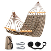 SUNCREAT double hammock with curved spreader bar for stable two-person lounging outdoors.