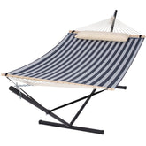 SUNCREAT double hammock stand blue assembly shows easy setup and portable outdoor relaxation.