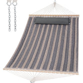 SUNCREAT double-quilted hammock with wood spreader bar for stable outdoor lounging.