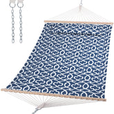 SUNCREAT double tree hammock with hardwood spreader bar for stable outdoor lounging.