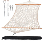 SUNCREAT traditional rope double hammock with spreader bar for outdoor lounging.