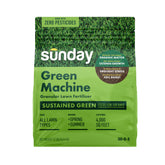 Sunday Green Machine granular fertilizer bag ready for easy lawn feeding.