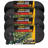 Suneed flat soaker hose laid out to show even garden bed coverage.