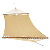 Sunnydaze soft-spun rope double hammock outdoors for two-person lounging in tan.