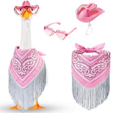 Sunnymove disco cowgirl goose outfit on a 23-inch lawn goose, pink fringe for outdoor decor.