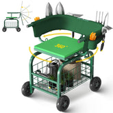 Suntee garden seat with wheels side view for easy garden mobility.