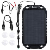Sunway Solar 8W panel catching sunlight to top off a 12V battery.