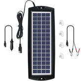 Sunway Solar 4W panel mounted on windshield provides steady 12V battery maintenance.