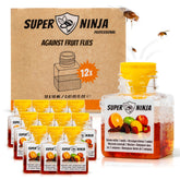 Super Ninja Fruit Fly Traps bottle closeup shows natural bait attracting pests safely.