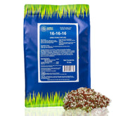 Supply Solutions 16-16-16 fertilizer bag shows balanced nutrients for thriving lawns.