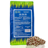 Supply Solutions 16-16-16 blue packaging shows balanced lawn and garden nutrition.