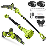 Supstable electric pole saw at full extension for safe overhead pruning.