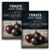 Survival Garden Seeds black cherry tomato seeds pack front ready for planting a gourmet harvest.
