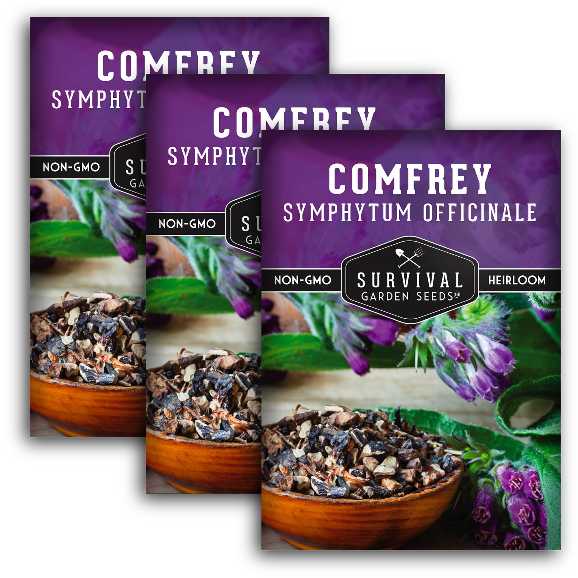 Survival Garden Seeds comfrey seed packaging ready for easy planting and non-GMO heritage.