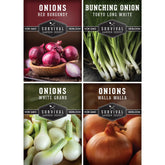 Survival Garden Seeds four-variety onion seed collection for versatile home gardening.