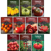 SURVIVAL GARDEN SEEDS 10-variety pack closeup of colorful heirloom tomatoes.