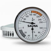 Suvast mechanical sauna thermometer dial closeup showing precise temperature reading
