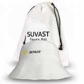 Suvast wool sauna hat on head for balanced heat during sessions
