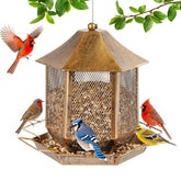 Suyue Y bird feeder outdoors with metal roof protects seeds from rain and wind.