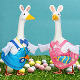 Suzile Easter bunny goose outfit on a pink and blue porch goose for festive curb appeal.