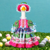 Suzile Easter rabbit goose outfit on 23-inch goose, sunny porch display for curb appeal.