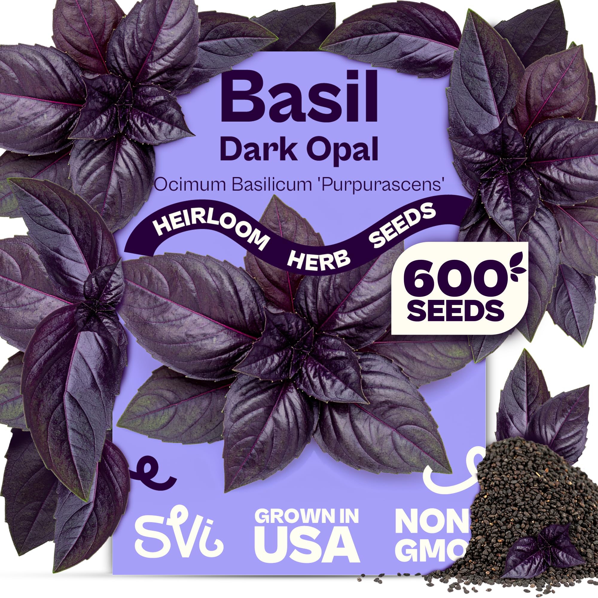SVI 600 Dark Opal Basil seeds front pack for heirloom purple foliage and culinary color