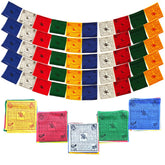 The Swayambhu authentic Tibetan prayer flags roll assembly fluttering in breeze for meditation spaces.