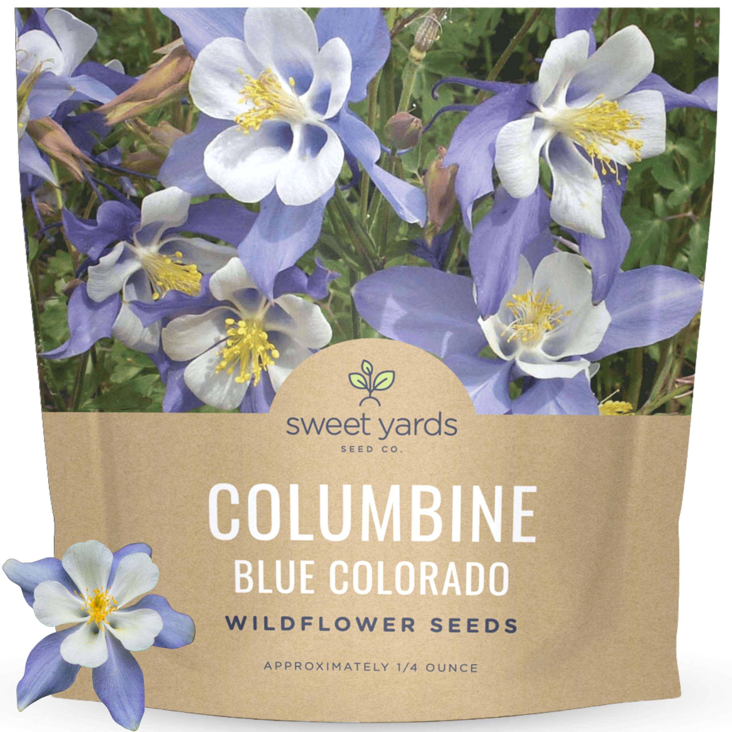 Sweet Yards Columbine Blue seed packet front label, ready for planting in garden beds.