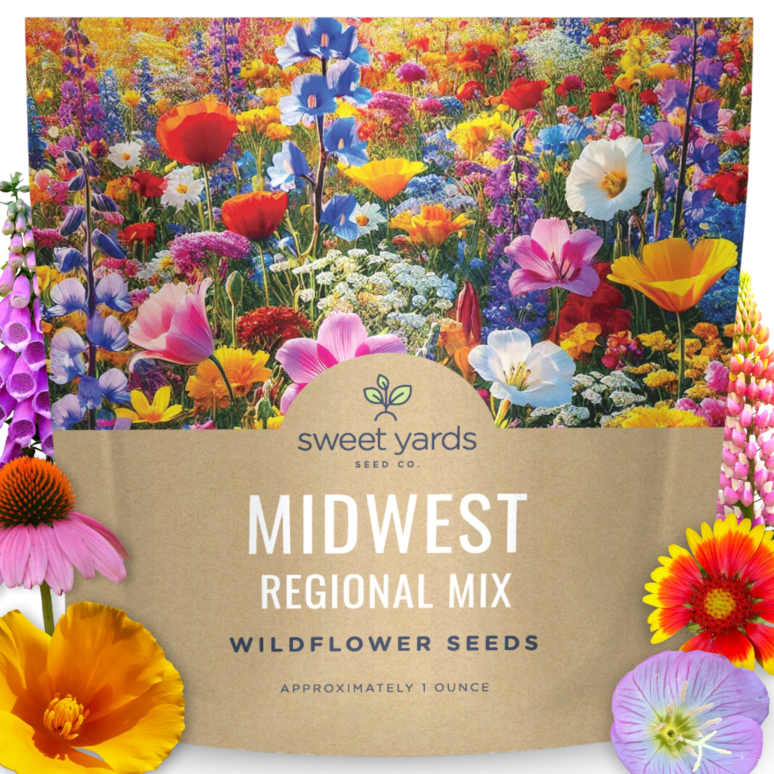 Sweet Yards Midwest Regional Mix 1oz packet ready for planting in a pollinator garden.