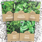 Sweet Yards Organic Herb Seeds Variety Pack cover image showing five seed packets for home gardening.
