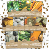 Sweet Yards Organic Squash Seeds Variety Pack front view for convenient seasonal planting.