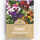 Sweet Yards Pansy Swiss Giants Mix envelope ready for planting in spring beds