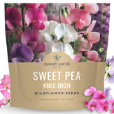 Sweet Yards Sweet Pea Knee High packet closeup showing 0.5 oz of seeds for vibrant blooms