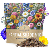 Sweet Yards wildflower seeds partial shade packaging showing large packet for up to 100 sq ft.