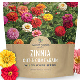 Sweet Yards zinnia seed packet closeup for easy planting and color potential.